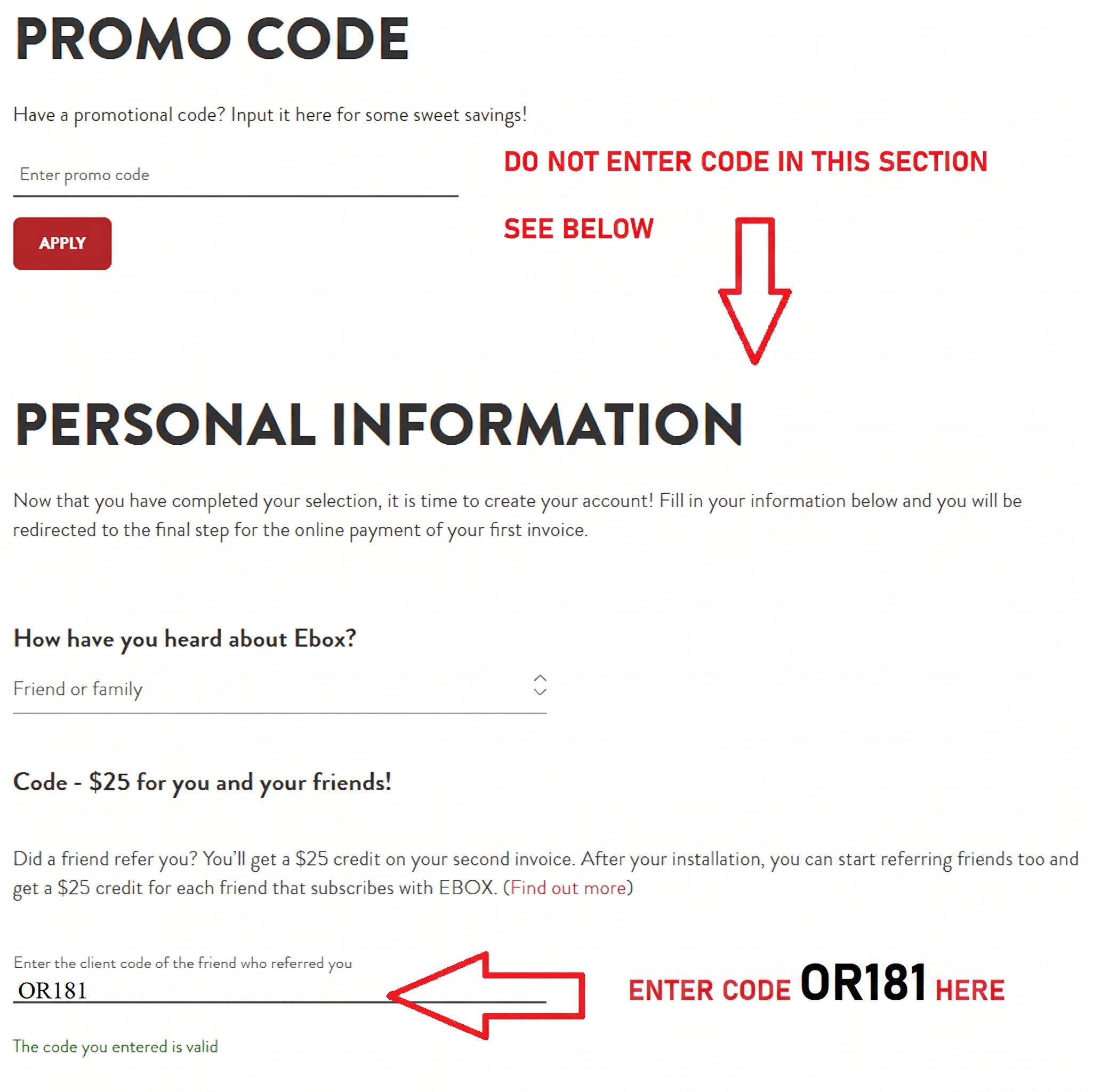 Ebox signup page showing where to enter referral code OR181 — in the Personal Information section, not the promo code field